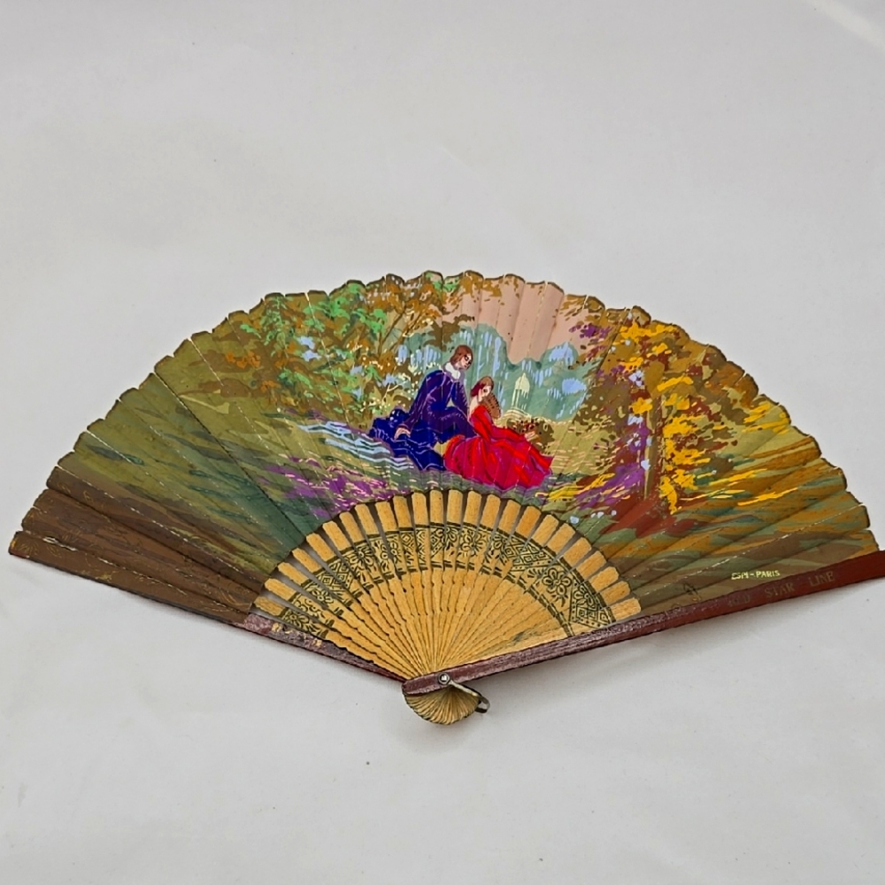 Vintage Hand Painted Red Star Line ESPI - Paris Victorian Couple Scene Hand Fan